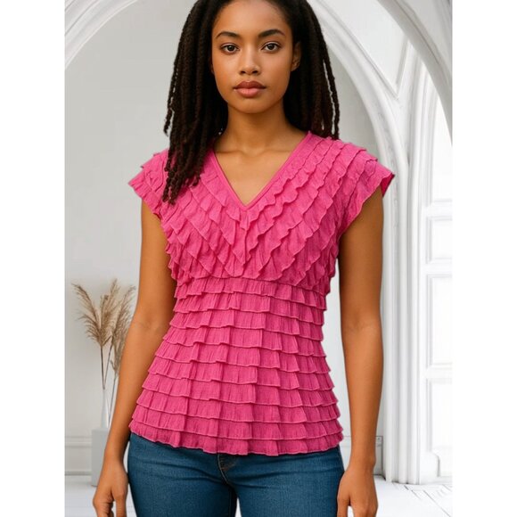Jennie & Marlis Womens Size M Pink Ruffle Textured V-Neck Sleeveless Blouse Top - Picture 1 of 8